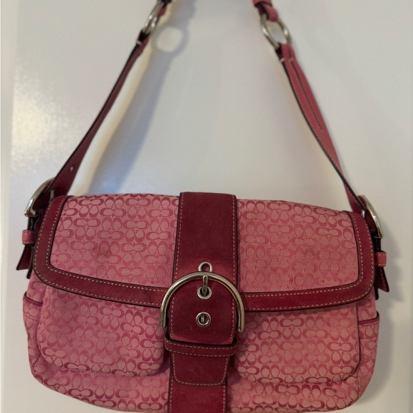 COACH Pink monogram canvas leather shoulder bag purse 12x7x3" suede. - Picture 2 of 15